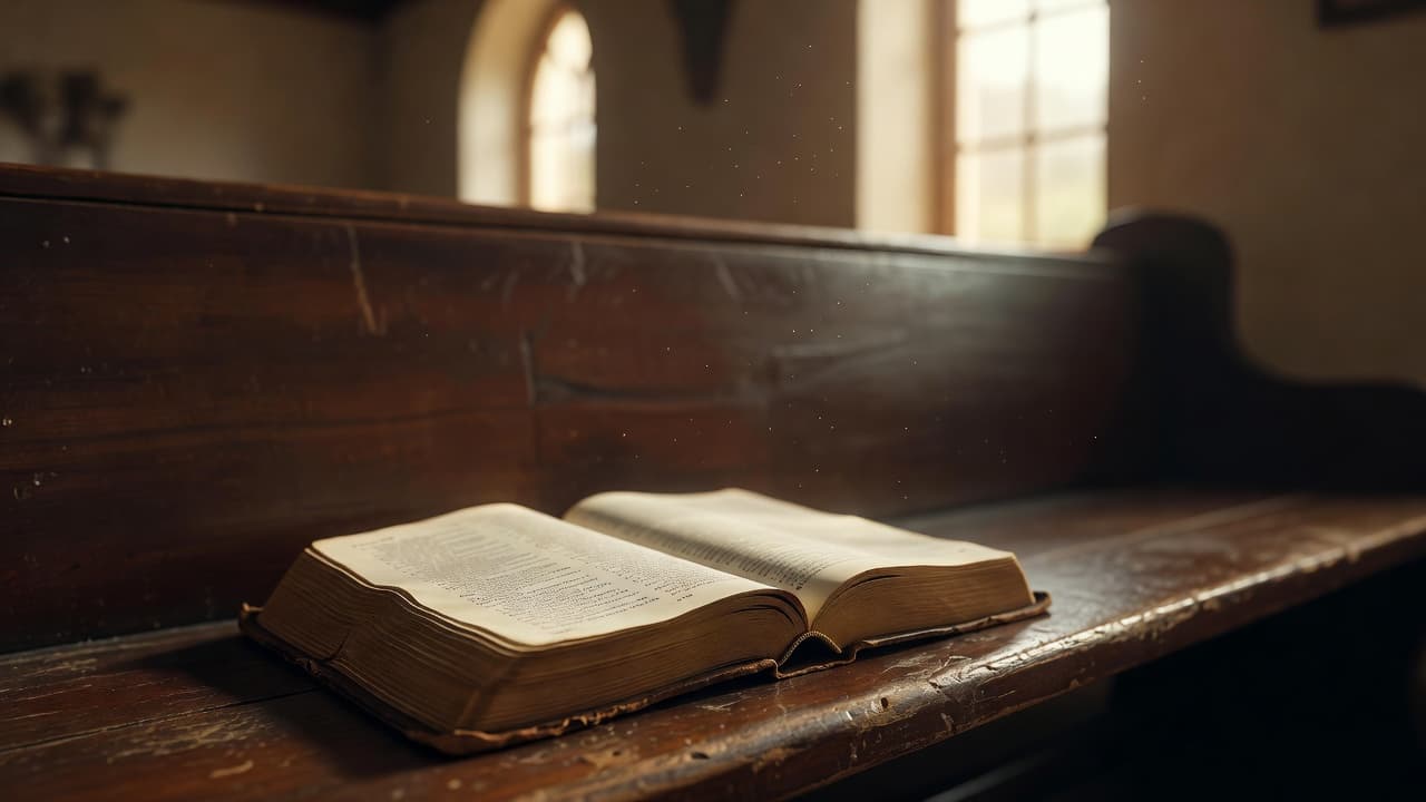 An open Bible on a wooden pew in warm light